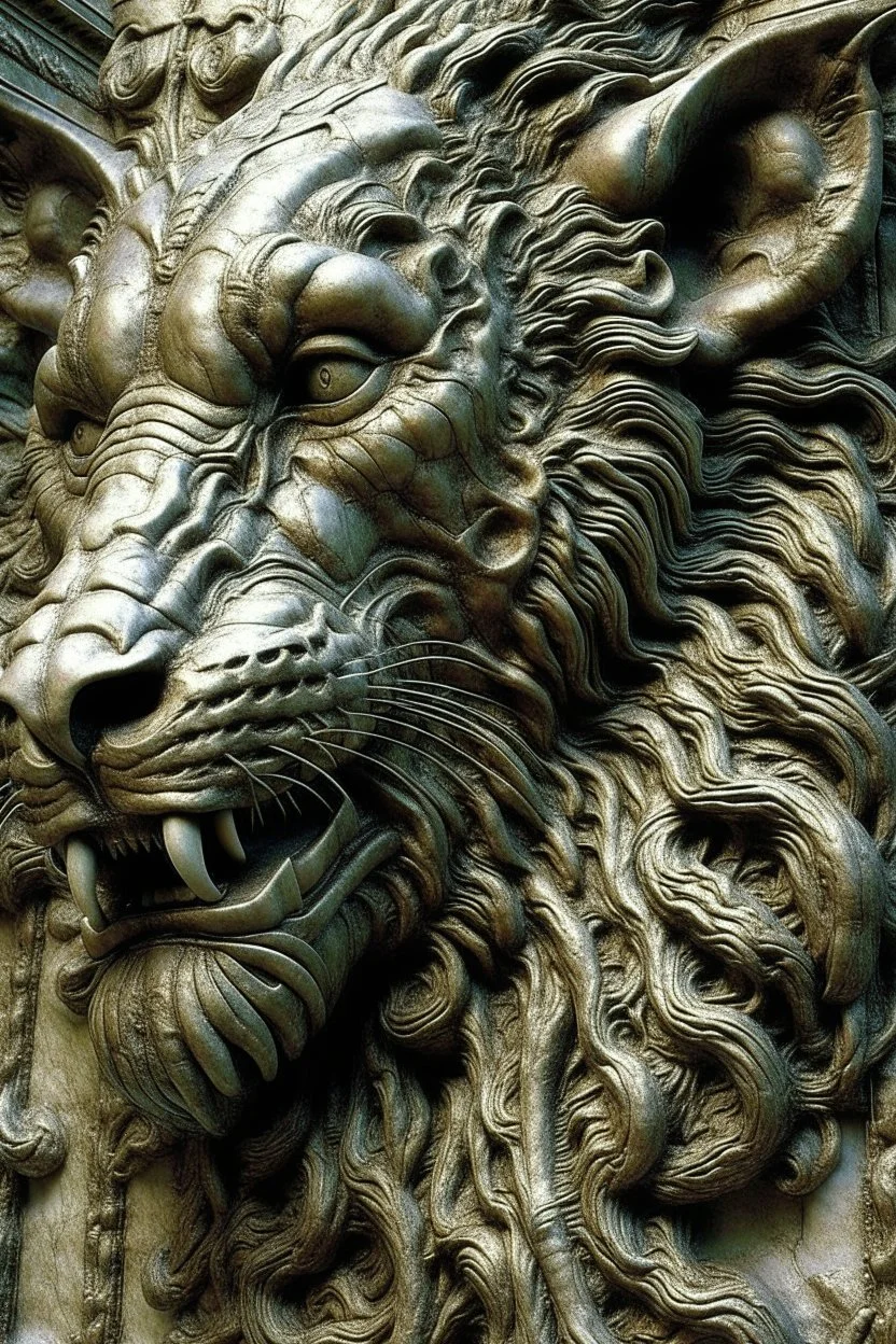 sculpture of lion abstract grotesqueries, detailed texture, surreal , by hr giger and beksinski