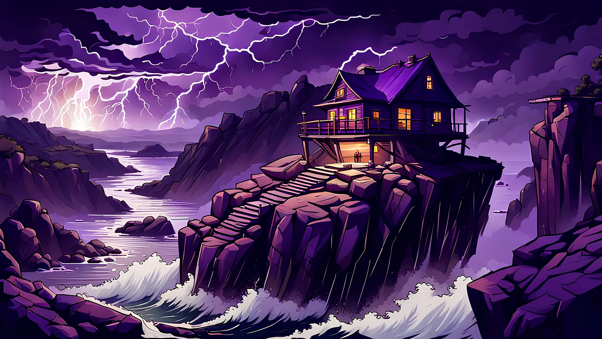 outpost on top of a cliff with dangerous rapids below, nighttime scene storms, purple