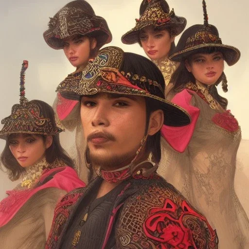 portrait,"Insanely detailed photograph of a gang of mariachi warriors", intricate chainmail charo, large colorful Sombrero,elegant cape, highly detailed D20, digital painting, artstation, concept art, smooth, sharp focus, illustration, art by artgerm and greg rutkowski and alphonse mucha, 8 k
