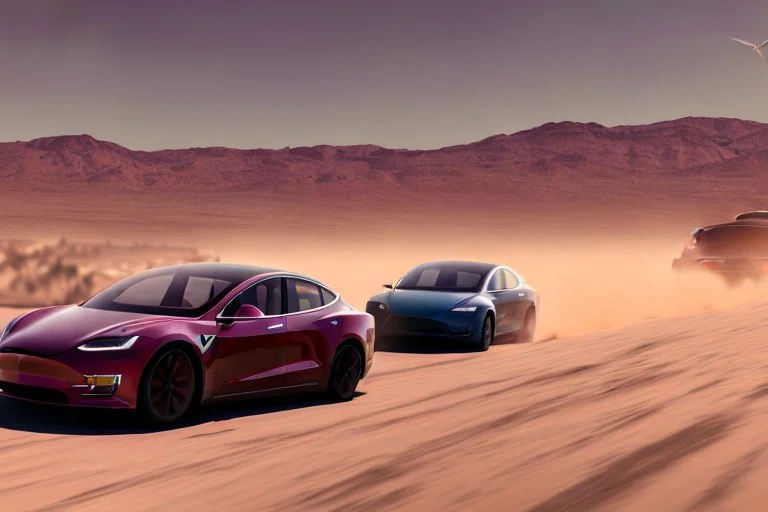 A Tesla 'Model Y' is racing at top speed, in the Mojave Desert. (CINEMATIC, WIDE ANGLE LENS, PHOTO REAL)