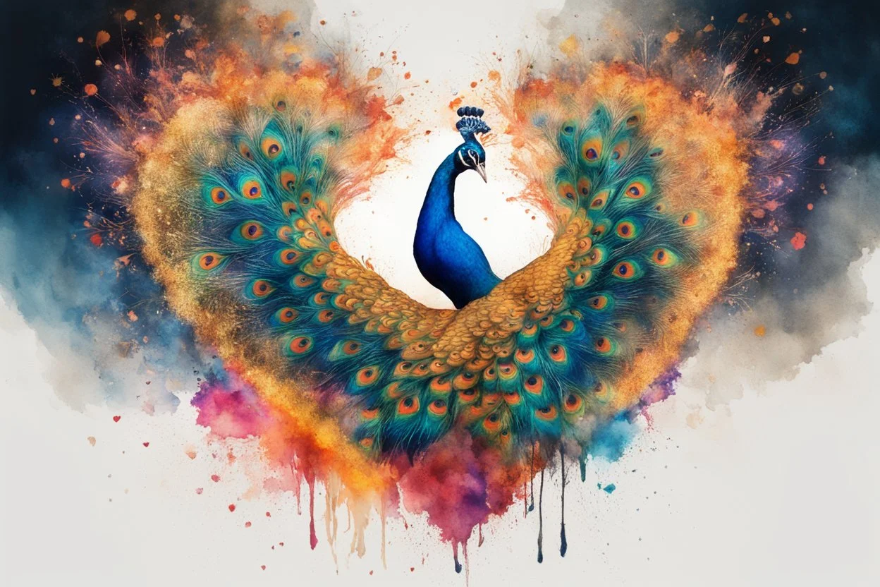 double exposure, merged layers, colorful peacock with dynamically blazing fire, ink splatter art, watercolor and ink, golden glitters, double exposure heart and love