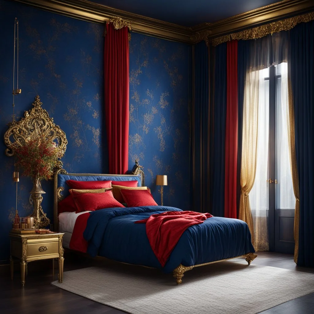 Bedroom in midnight blue, red and gold. A wide old bed and a large window with curtains