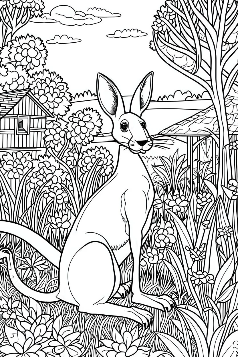 Outline art, no shading, kangaroo full body in the garden, cartoon style, black and white, low detail, --ar 9:11