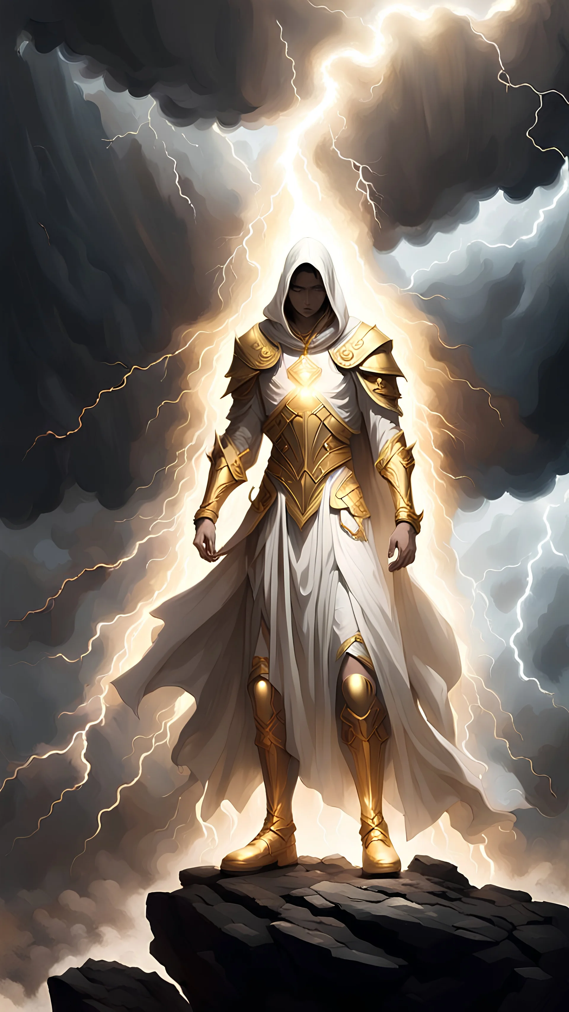 Around a figure in a white robe with golden armor elements who has no face, many lightning flashes, the figure is engulfed in a blinding light, epically standing on a rock in the middle of lightning and a gloomy sky