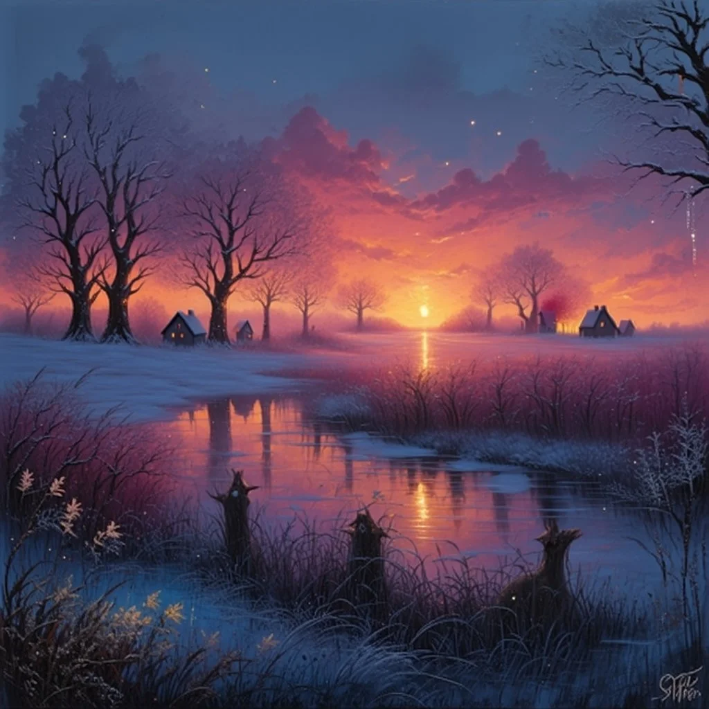 Grunge textured abstract impasto mixed media painting with dripping paint, fantastical otherworldly frozen winterscape with iridescent metallic colors, silver lines, style Amanda Clarke, Andy Kehoe, Feininger, Klimt, Klee. Reflective frozen pond, surrounded by whimsical, filigree, impressive frosted trees standing tall between extraordinary storybook houses; tendrils, grasses, cattails. Dramatic sky with stormy clouds. with mercury glass patina, glowing golden sparks, vibrant iridescent colours,