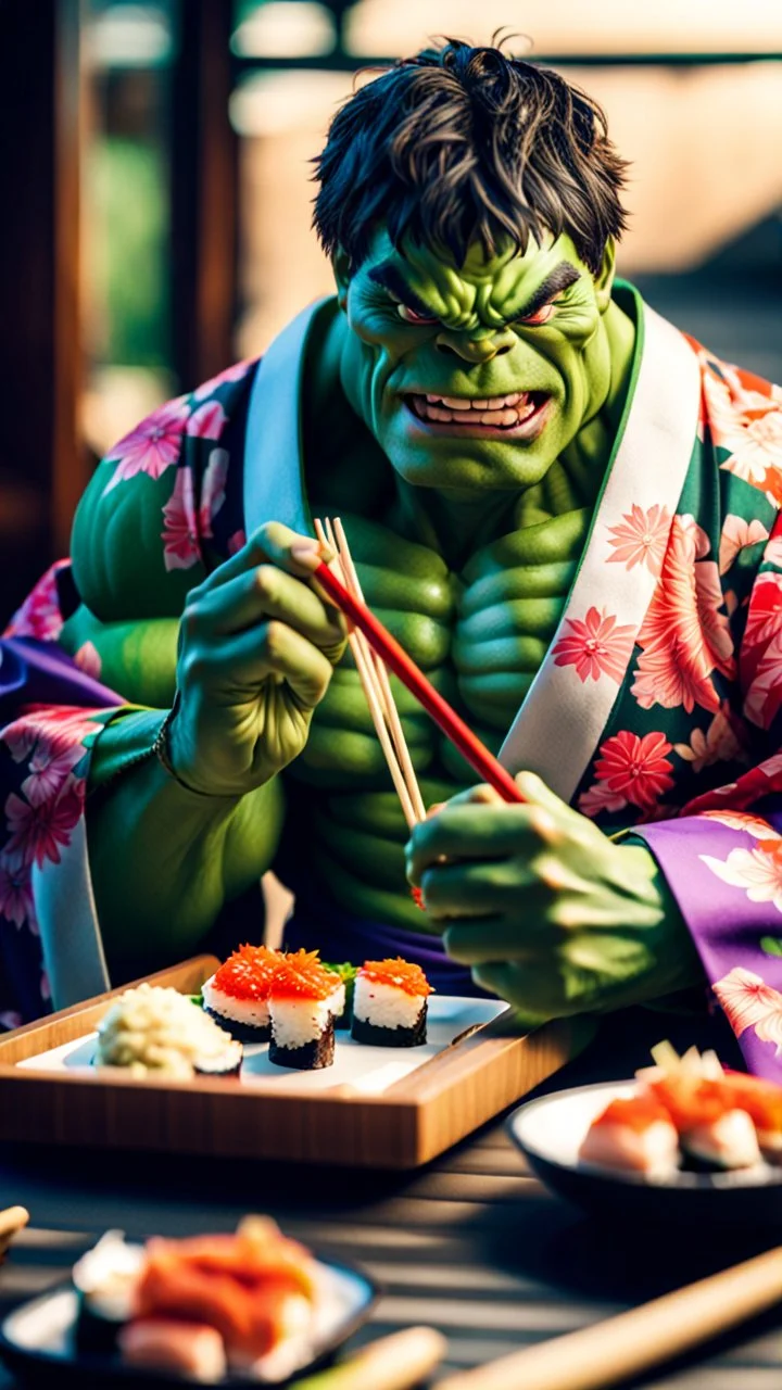a hulk eating sushi with chopsticks, wearing a colorful kimono, moody good lighting, best quality, xt3, outdoor, beautiful light, raw photo, 8K UHD
