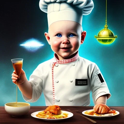 a happy human baby chef called toby with no hair,halo, wings, drinking, sitting in chair, photo realistic spray painting, dark wood background, book cover illustration