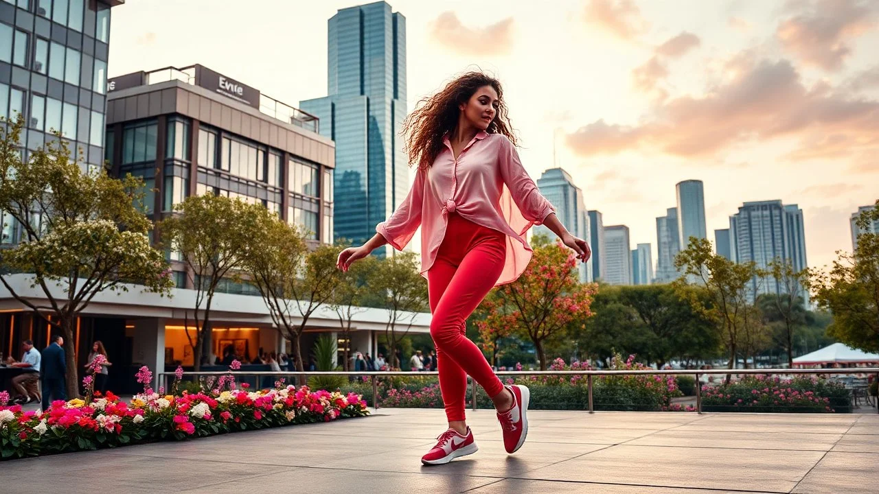 beautiful lady with makeup in pants and pretty shirt curvy long hair sport shoes dancing in a open stage in a modern city cnter,modern city escape at dintant ,flowers and trees ,pretty clouds