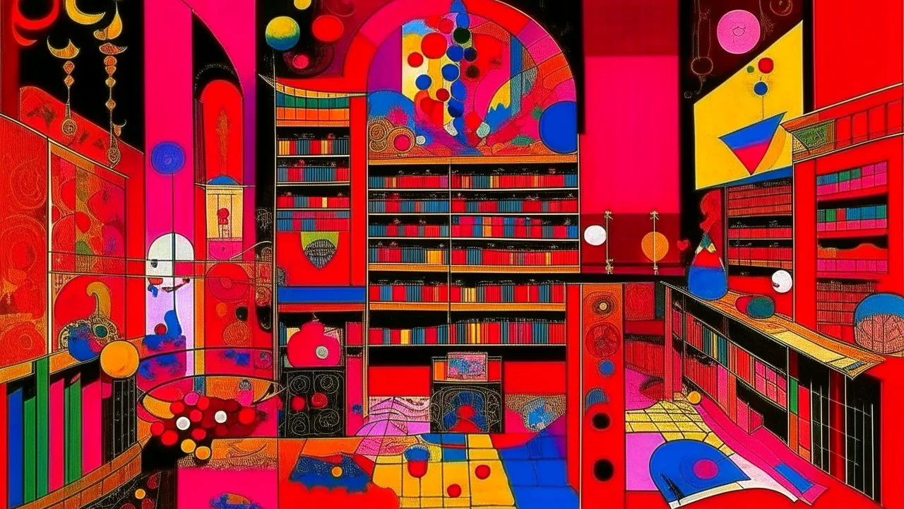 A magenta arcane library painted by Wassily Kandinsky