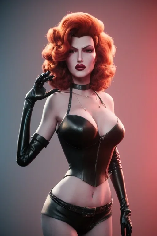 Rita Hayworth as evil queen in black leather, busty, cleavage, curvy, angry, stern look. character design by cory loftis, fenghua zhong, ryohei hase, ismail inceoglu and ruan jia. unreal engine 5, artistic lighting, highly detailed, photorealistic, fantasy