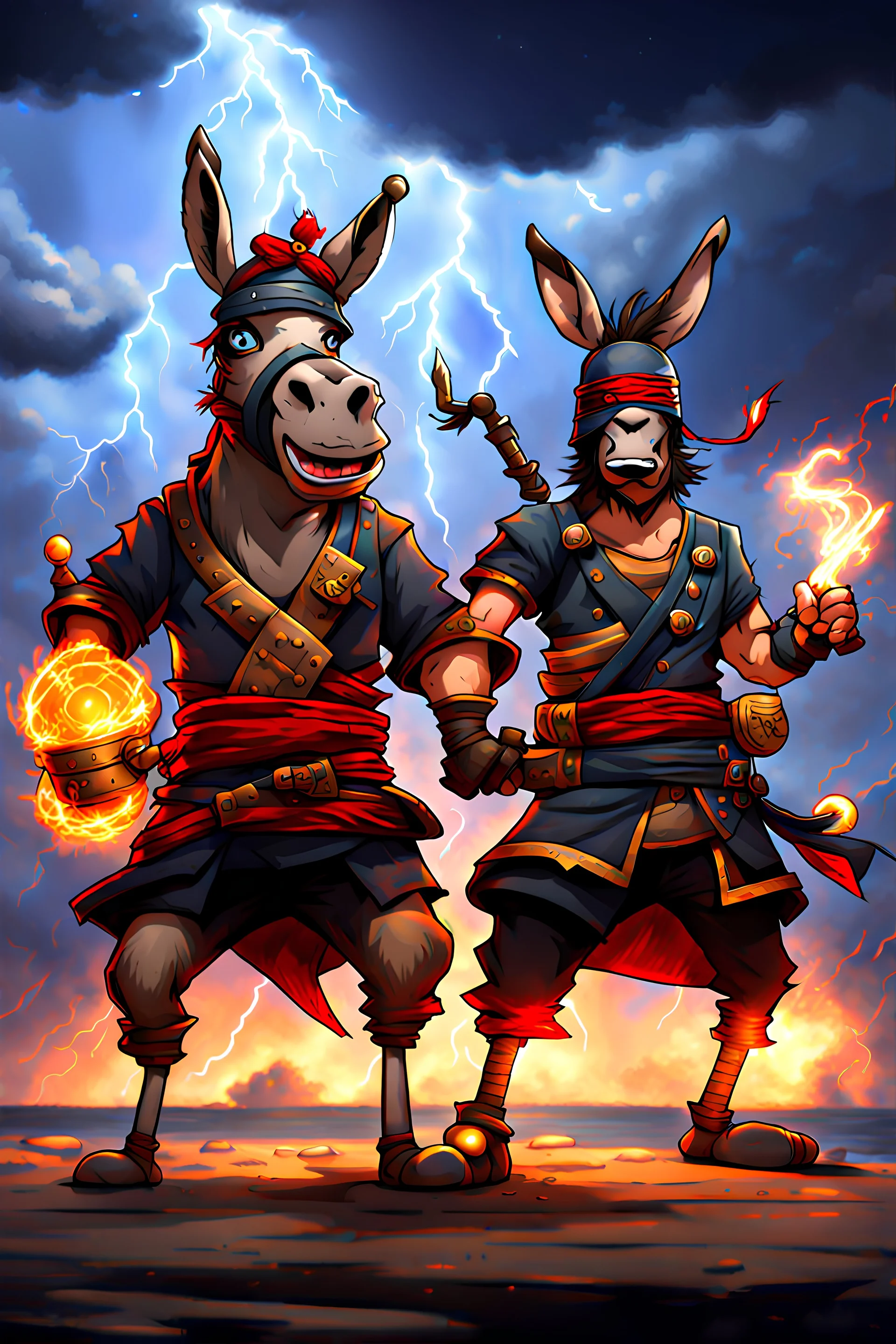 Donkey pirate and donkey ninja with thunderstorms in the background and fireballs falling from sky