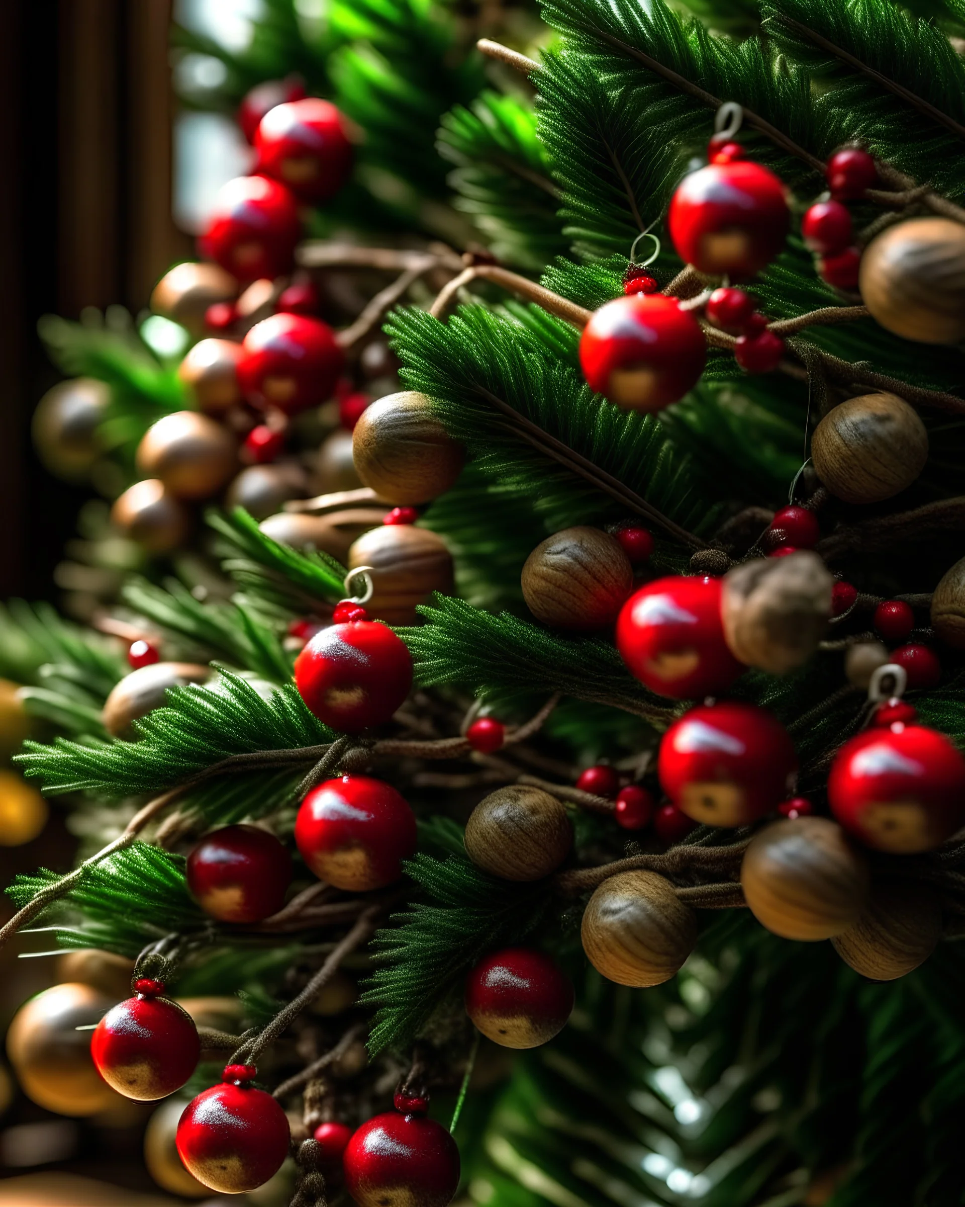 coloring pages: A close-up of a traditional Christmas tree decorated with strings of cranberries, pinecones, and rustic wooden ornaments.