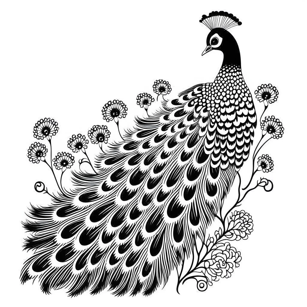 white, A peacock in a regal pose, focusing on its majestic feathers., coloring book, vector, white background, outline, with images neatly contained within the background, just black and white color, full body, no color.