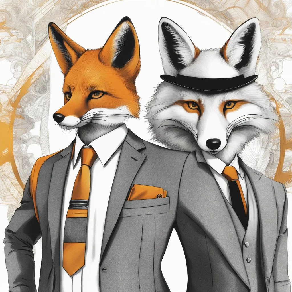 Illustrative sketch of a image of an humanoid fox, suit and tie, arte lineal ultra quality, 8k