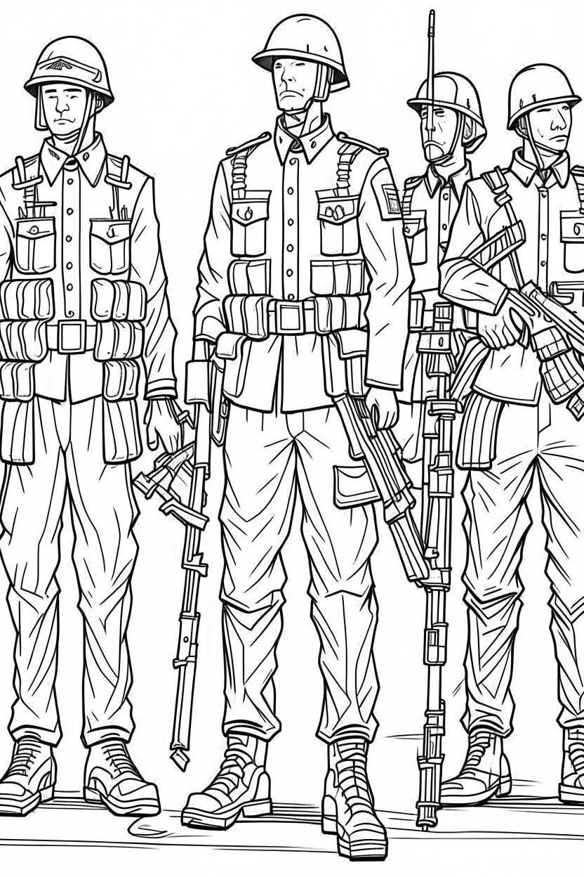 Outline art for coloring page OF A SET OF TOY ARMY SOLDIERS, coloring page, white background, Sketch style, only use outline, clean line art, white background, no shadows, no shading, no color, clear