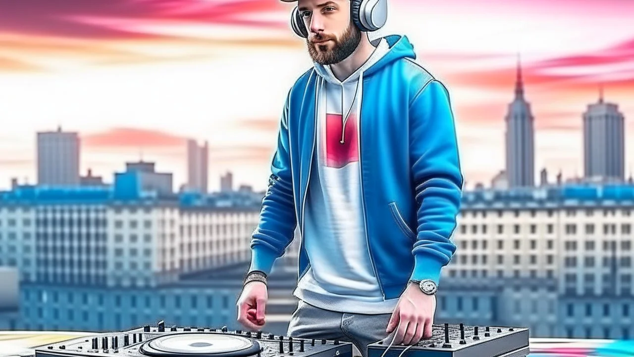 short beard man with cap, DJ play records, color sky ,at medeval city street background, full body