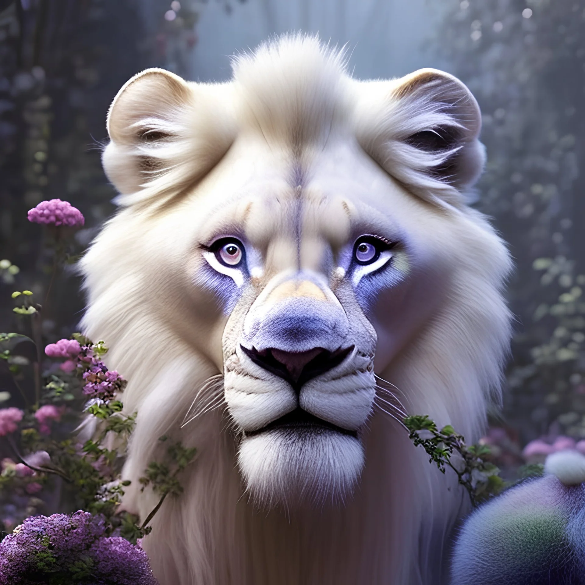 pixar style, fairy garden environment and background, realistic painting of white lion, sparkling blue crystal on forehead, looking excited, volumetric lighting, dramatic lighting, detailed digital painting, extreme dense and fine fur, ornate, colour-washed colors, elegant, small minutiae, tiny features, particulars, centered, smooth, sharp focus, renderman gofur render, 8k, uhd, detailed eyes, realistic shaded volumetric lighting, sunlight caustics, backlight, centered camera