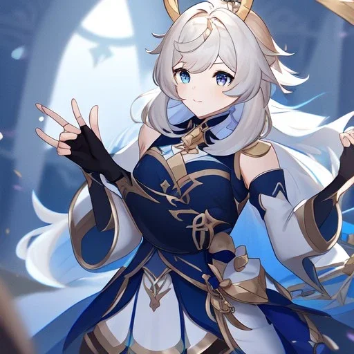 Clear Focus, High resolution, Genshin, white fluffy medium hair, blue eyes, dark blue sleeveless crop top, cut sleeves are white for the main color and secondary color is dark blue, wearing a short white skirt, wearing black fingerless gloves, golden antlers, Line art