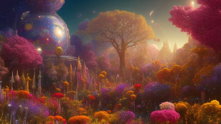 red and gold crystal cosmic and galactic ambiance hill sky sunny flowers trees futuristic landscape, full of details, smooth, bright sunshine，soft light atmosphere, light effect，vaporwave colorful, concept art, smooth, extremely sharp detail, finely tuned detail, ultra high definition, 8 k, unreal engine 5, ultra sharp focus