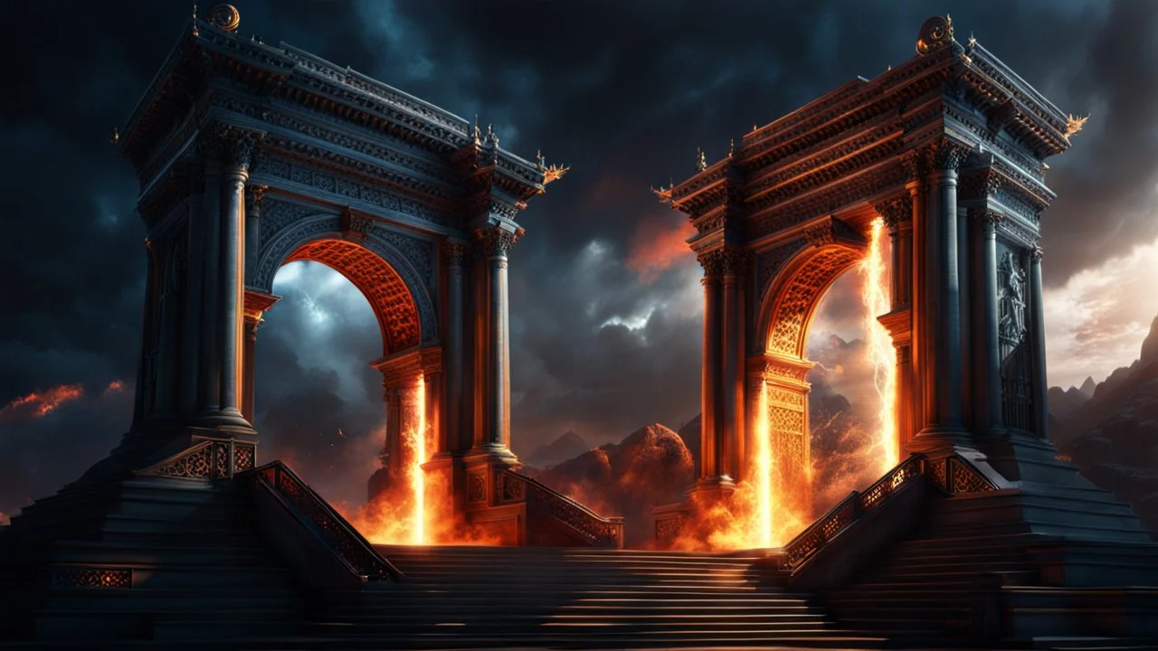 The two portals to Heaven and Hell. Good and Evil. Life and Death. fantasy concept art, exquisite realism, a masterpiece, dynamic lighting, hyperdetailed, intricately detailed, deep color, Unreal Engine, volumetric lighting , Epic cinematic brilliant stunning intricate meticulously detailed dramatic atmospheric maximal,