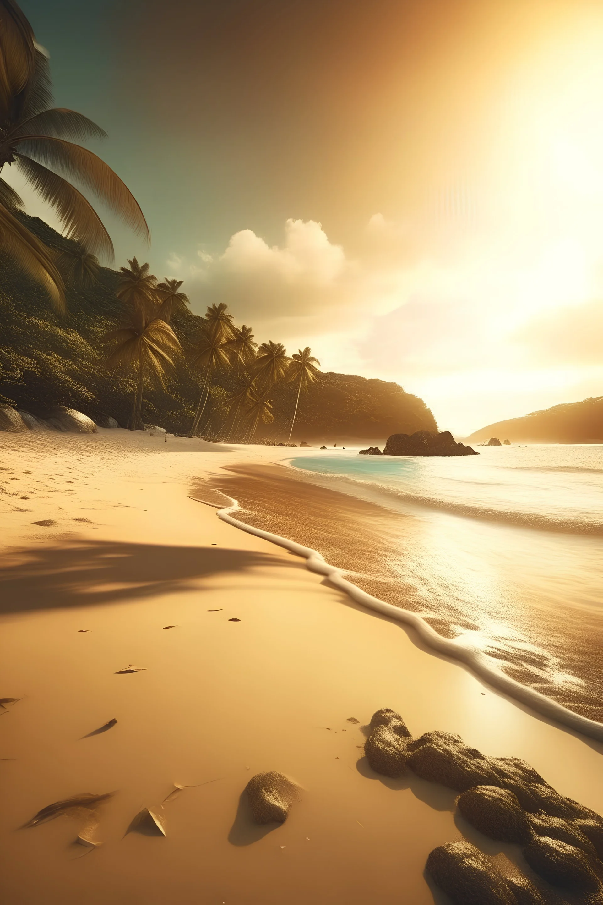 general shot of a caribbean beach, golden hours, commercial photography, studio light, 4k, octane rendering, high resolution photograpy, insane details, fine details, stock photo, color grading.