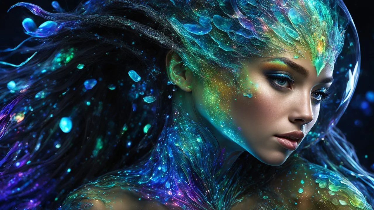 an extraterrestrial species whose defining characteristic: bioluminescent skin. Her body and skin shimmers with colors that defy human understanding, a living, breathing canvas of cosmic art., Broken Glass effect, no background, stunning, something that even doesn't exist, mythical being, energy, molecular, textures, iridescent and luminescent scales, breathtaking beauty, pure perfection, divine presence, unforgettable, impressive, breathtaking beauty, Volumetric light, auras, rays, vivid colors