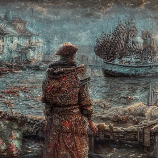 Insanely detailed photograph of an “arctexture plans fisherman on a dock” with intricate detailed of fishing knots, intricate embroidered clothing, hyperdetailed painting by Ismail Inceoglu Huang Guangjian and Dan Witz CGSociety ZBrush Central fantasy art album cover art,8K, hdr, romantic, mysterious, ominous, flowers, jewelry, steam,oil,cafe,street vendor,steamship,D&D