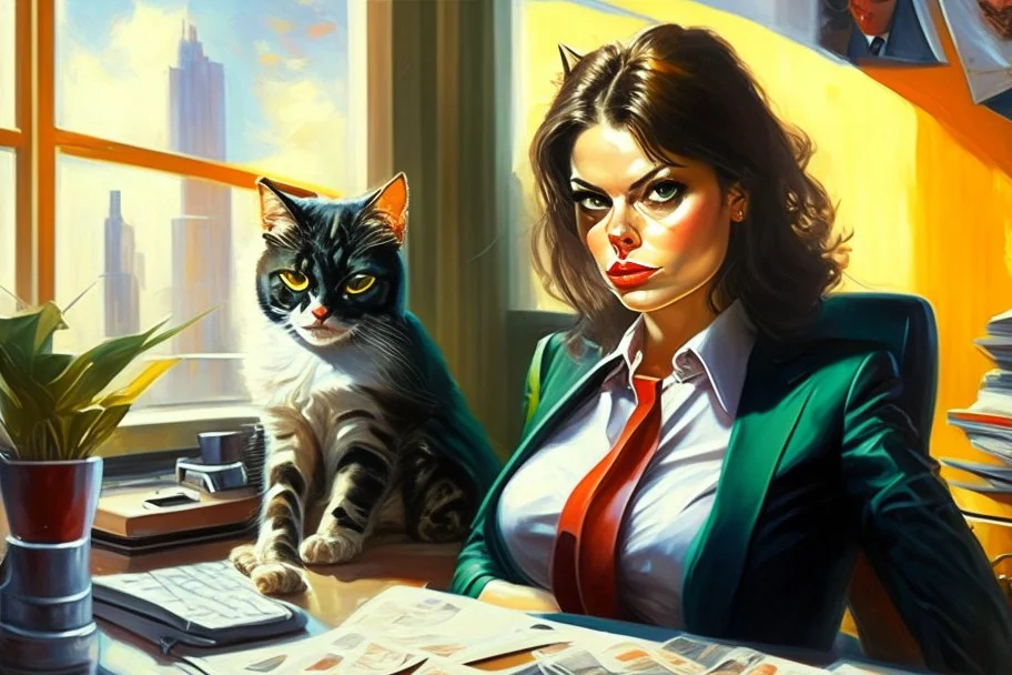 kitten brunette woman secret agent joker in an office in sunshine, very detailed, oil painting