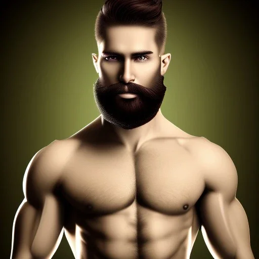 muscular shirtless man with big beard and big mustache and green eyes