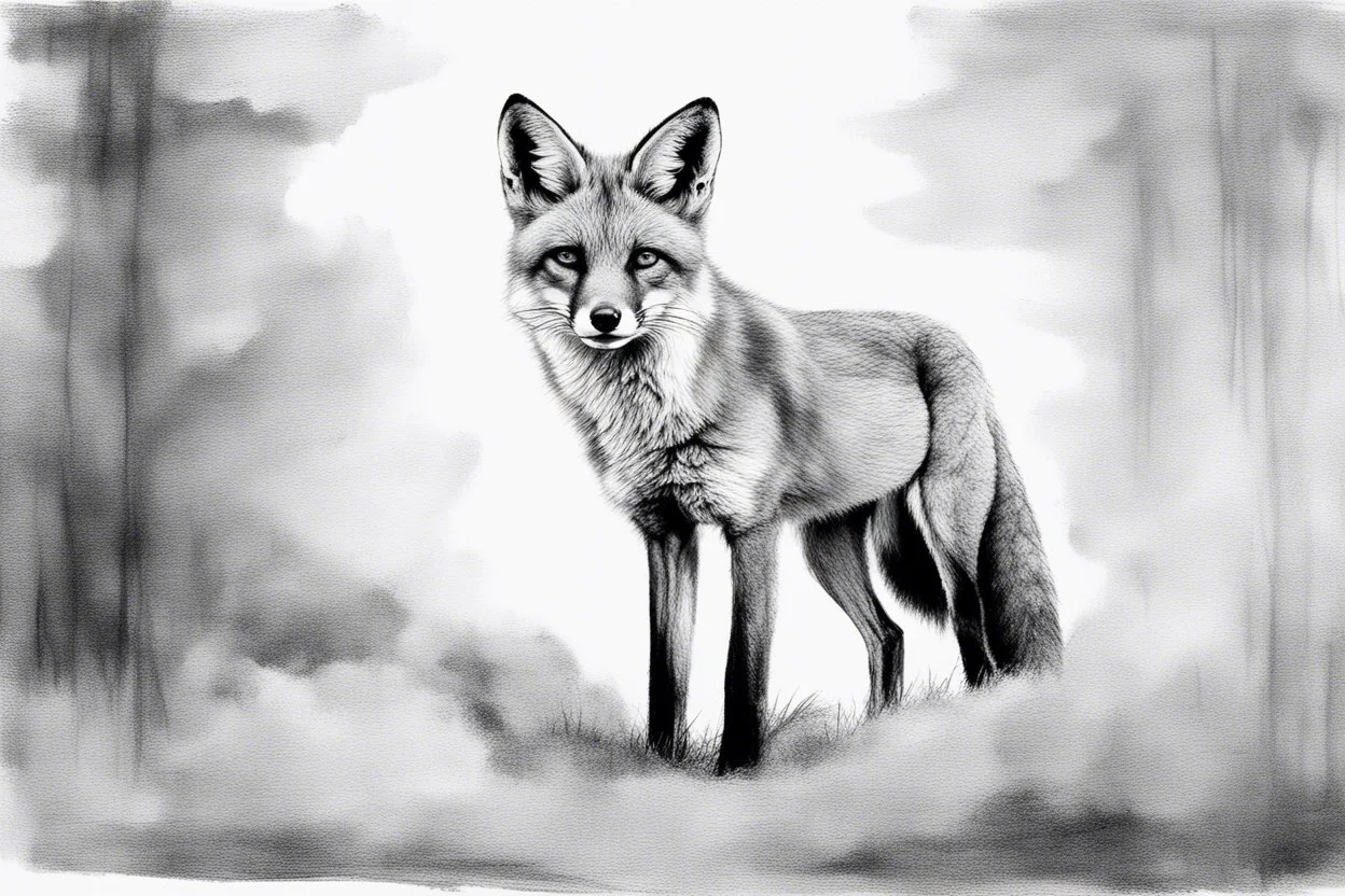 Rough outline portrait in sketchy charcoal, portrait of a fox