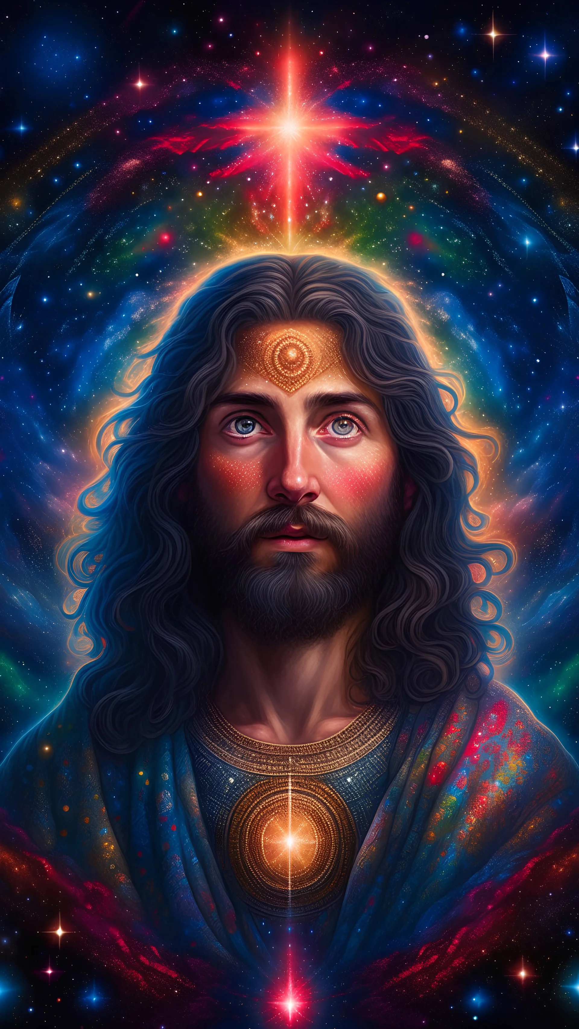 A majestic portrait of Jesus Christ, surrounded by a swirling cosmic landscape of stars and galaxies.