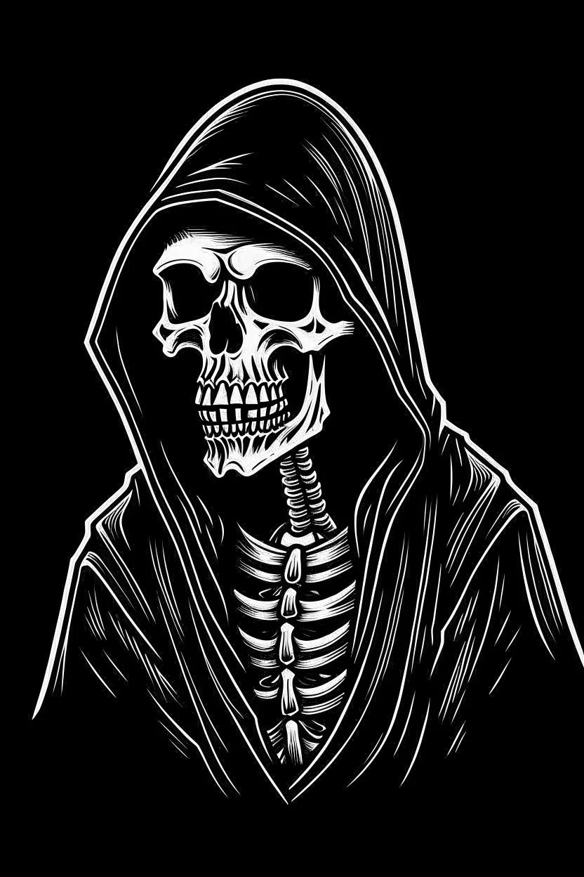 1950s skeleton in a black hooded cloak drawn in a early animation rubber hose animation style, inside a light diamond shape on a black background, monochromatic