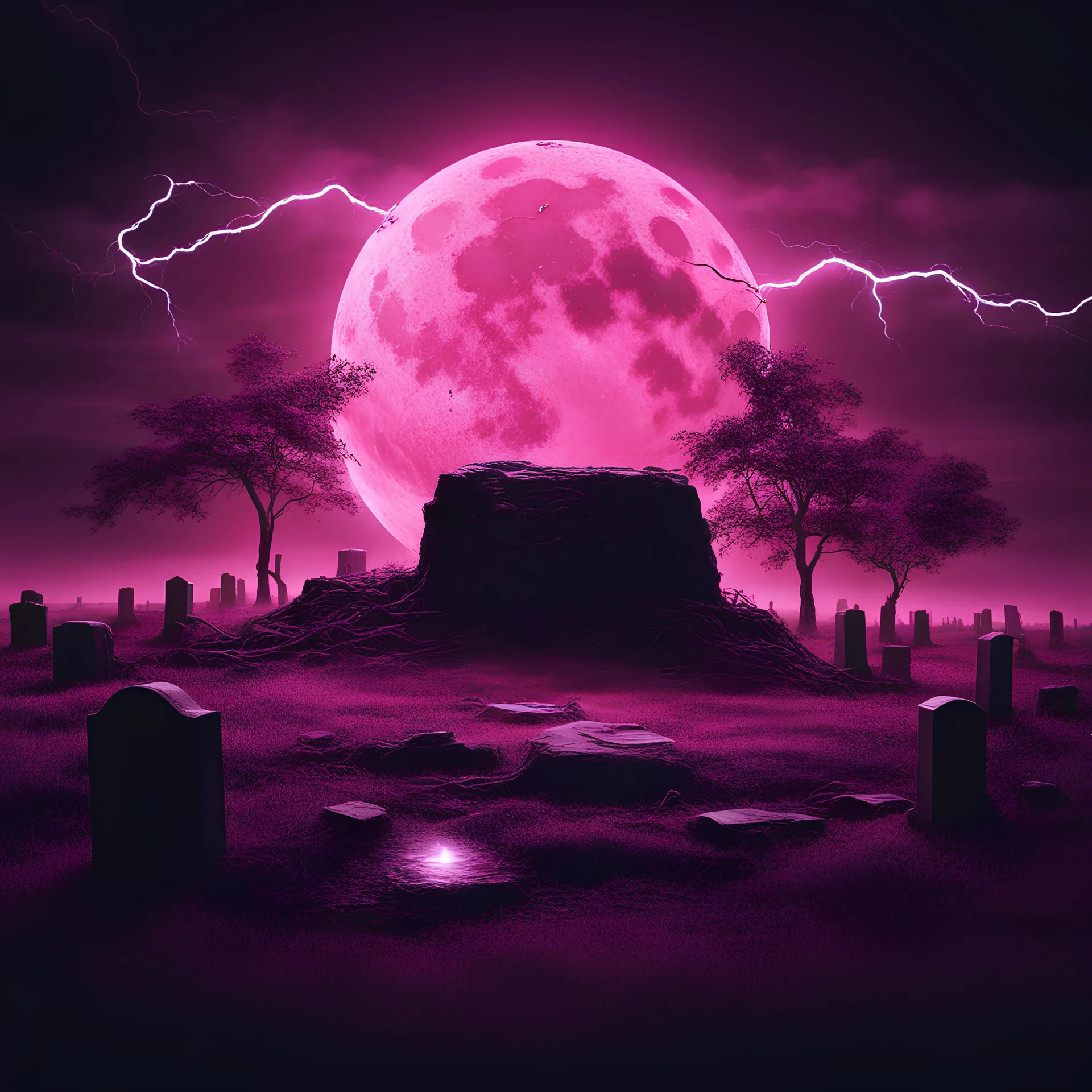 A realistic moon in a glowing dark pink place, chain on the ground, lightning, a gravestone