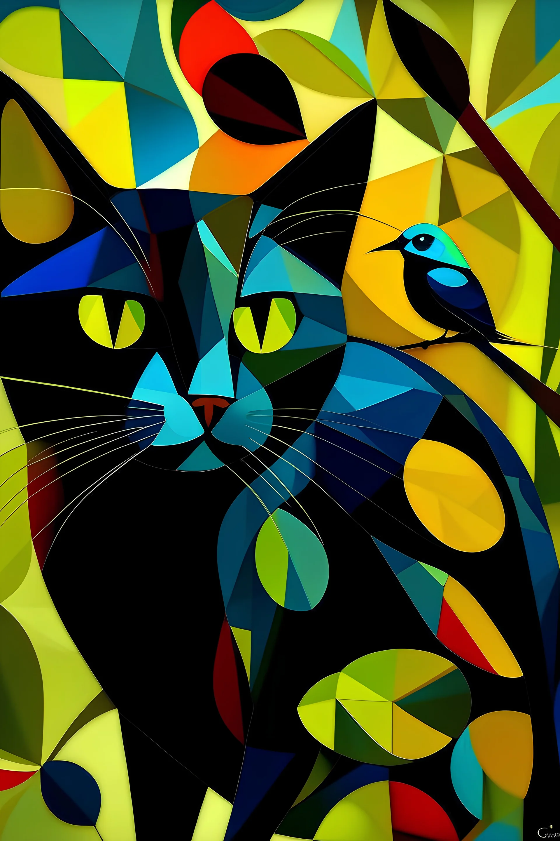 gato negro mirando a un pajarito cubismo
