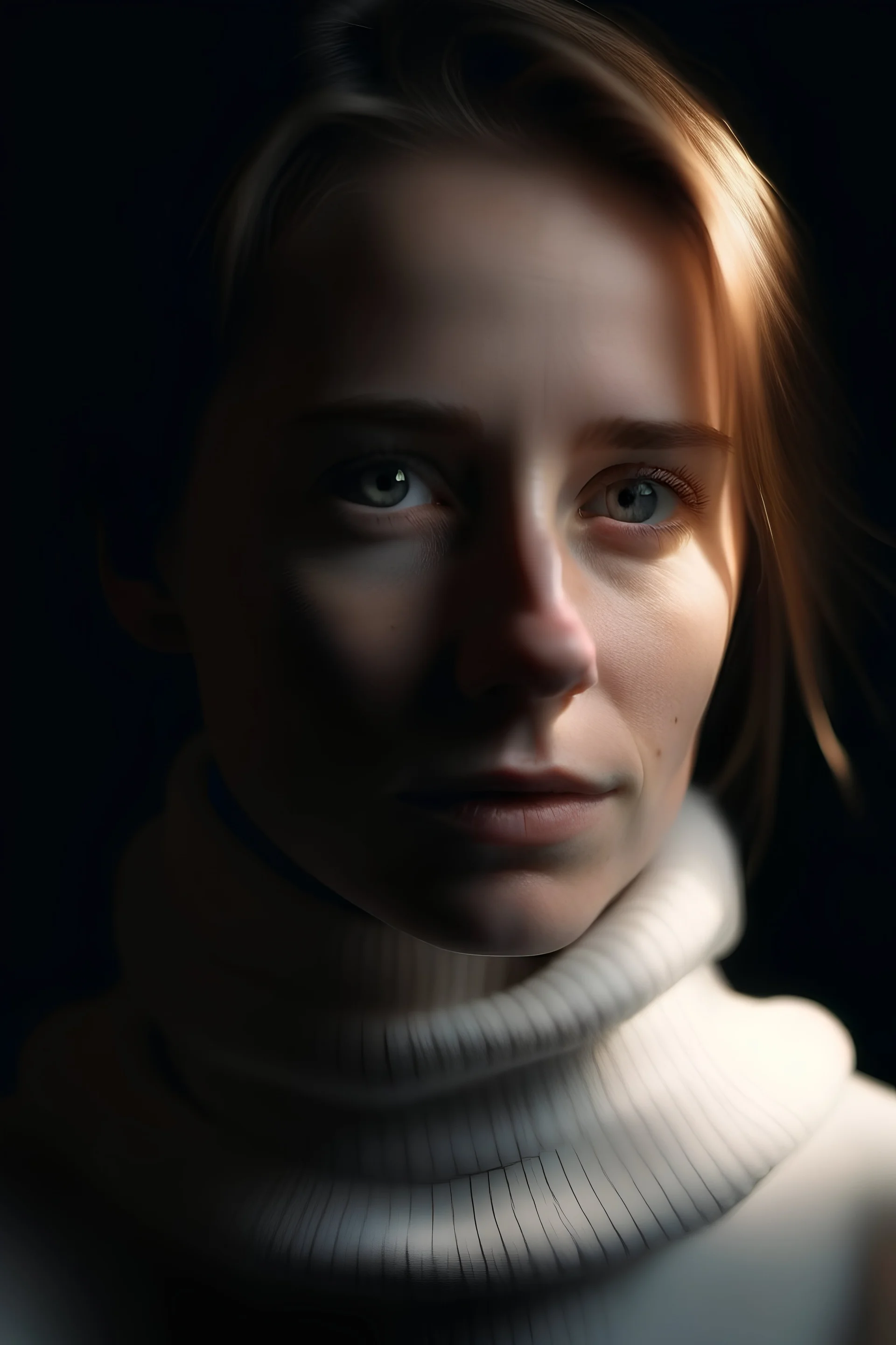 Close-up close-up of a woman wearing a beautiful white pullover. Her face half covered with the collar of the pullover. Scene very illuminated.