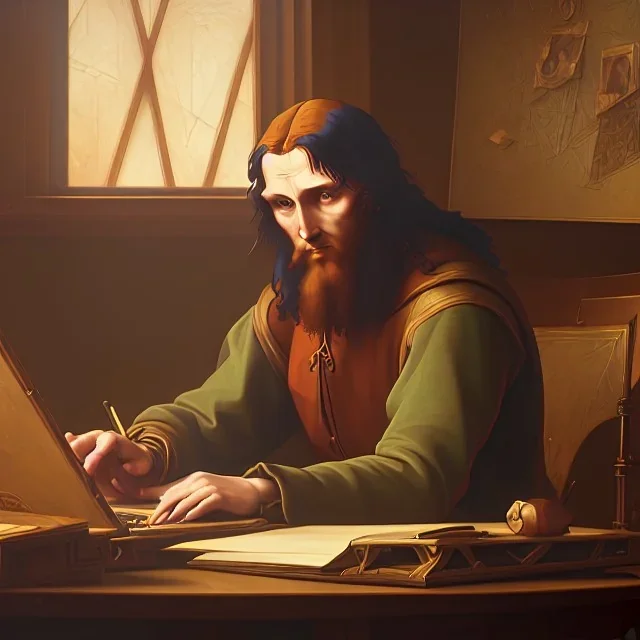 leonardo da vinci works in his study on a laptop at his desk. painting in photoshop. hyperdetailed, warm colors, movie poster, photoillustration, oil on canvas, lens flare