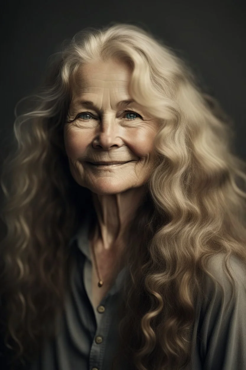 portrait of a beautiful 60 year old norwegian woman with long blond wavy hair, curvy body, earthbound, warm-hearted