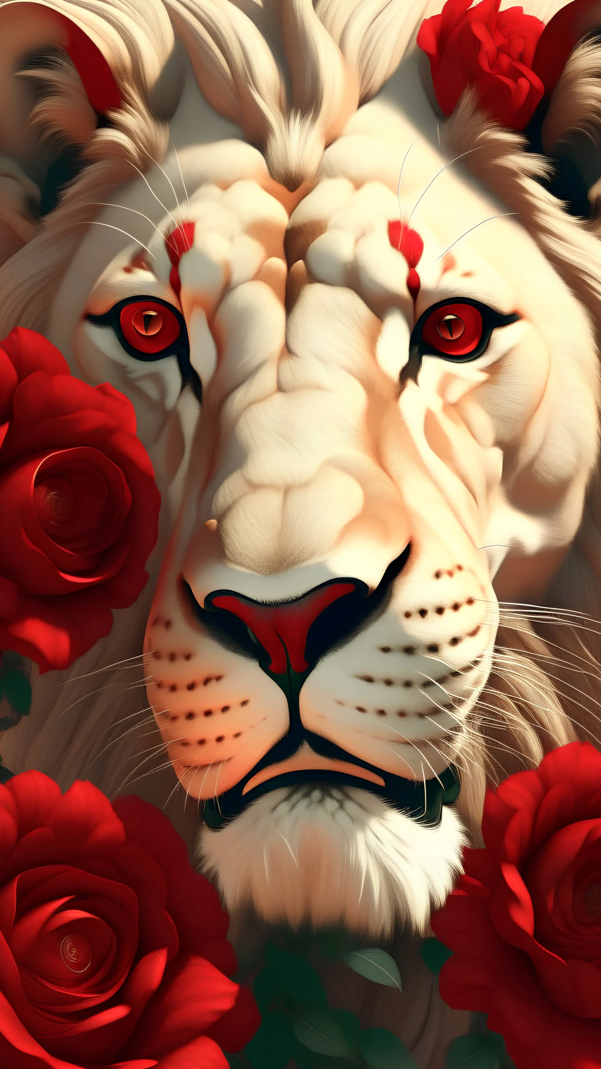 realistic red lion in white roses