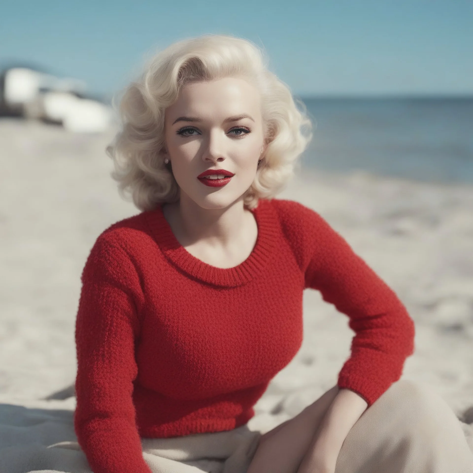 Childish marilyn monroe in a red woollen sweater, on the beach, in the sun