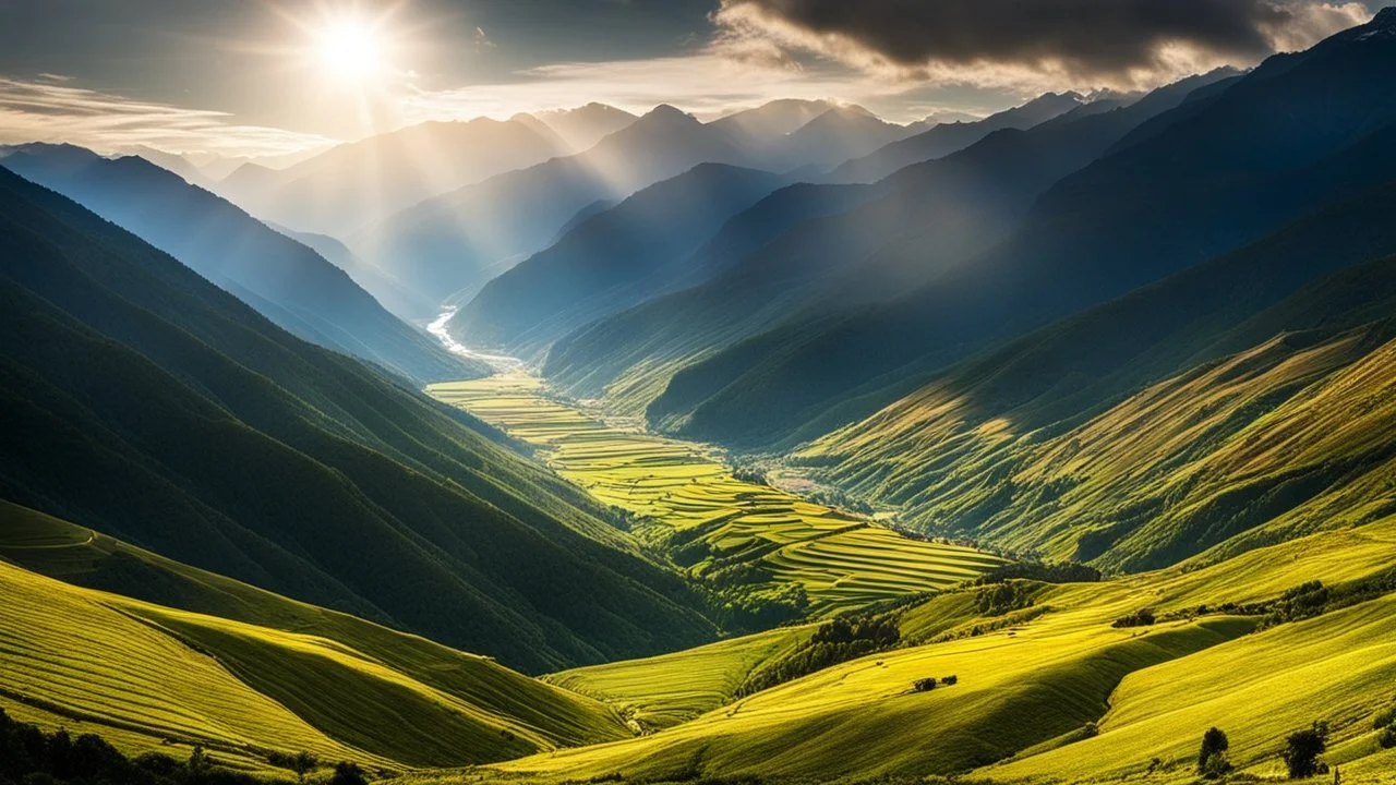 Majestic Himalayan landscape, terraced fields, steep slopes, distant enormous mountains, river gorge, dramatic sunlight, chiaroscuro, beautiful composition