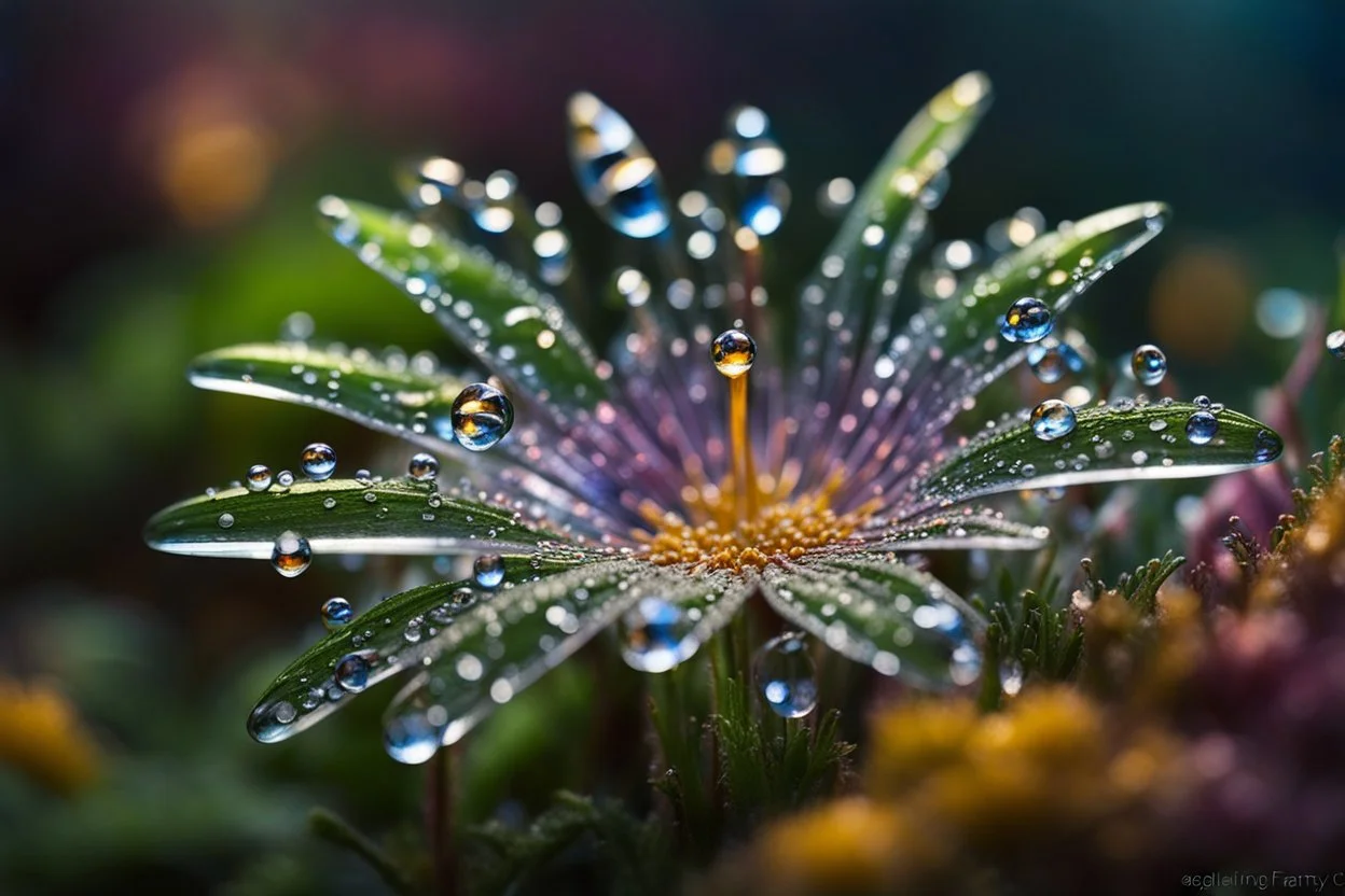 spring dew, macro photo, sparkling magical fantasy, glass flower dewdrop, very detailed, amazing quality, etheral, intricate, cinematic light, highly detailed, beautiful, epic, galaxy fantasy colors, stunning