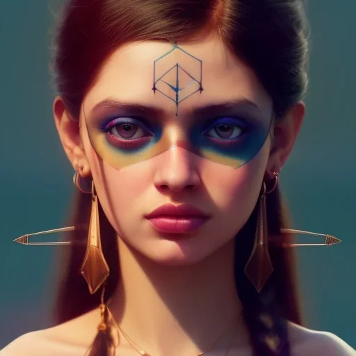 Detailed portrait of a young gypsy woman, contrasting colors, arrow makeup on her eyes, unreal engine, greg rutkowski, loish, rhads, beeple, makoto shinkai and lois van baarle, ilya kuvshinov, rossdraws, tom bagshaw, alphonse mucha, global illumination, detailed and intricate environment