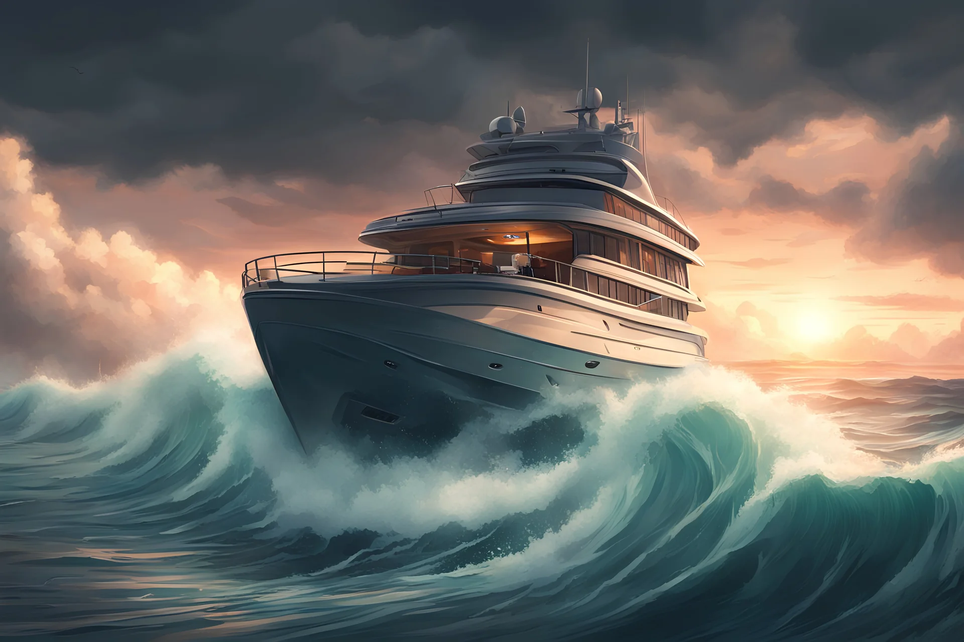 A leisure yacht is surfing calmly the sea in the middle of the apocalypse. The boat has a good library and a cosy inside. It feels safe