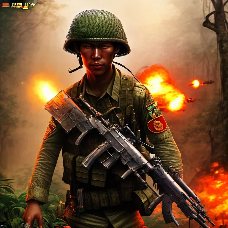 vietnam war. jungle. cd cover. bokeh. lens flare. warm lights. high detailed