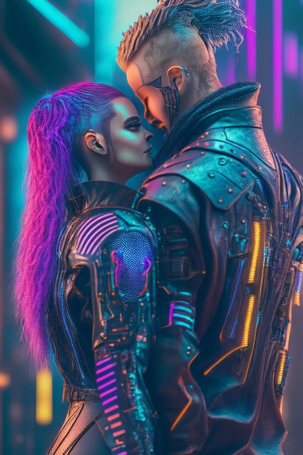 Forbidden lovers deep colours in a cyberpunk setting, great pose,magnificent, majestic, highly intricate, Realistic photography, incredibly detailed, ultra high resolution, 8k, complex 3d render, cinema 4d. Caucasian