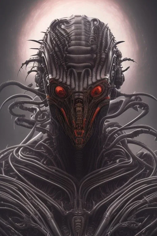 evil predator with crown, alien, brutal face, tron, head, burn eyes, 8k, finely detailed, dark light, photo realistic, hr giger, cyberpunk