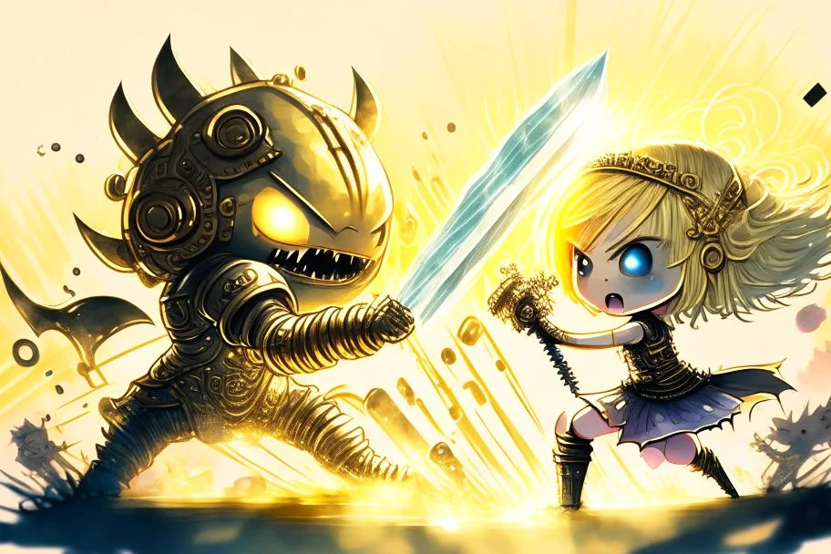 cute blonde chibi princess fighting with an ugly giant monster with a golden laser sabre, golden coin stacks, pond, in sunshine, H.R. Giger, anime, steampunk, surreal, watercolor and black in outlines, golden glitter, ethereal, cinematic postprocessing, bokeh, dof