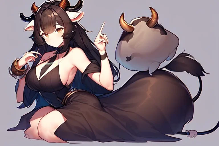 Girl, cow tail, cow horns, cow ears, dark hair, hooves on hand,