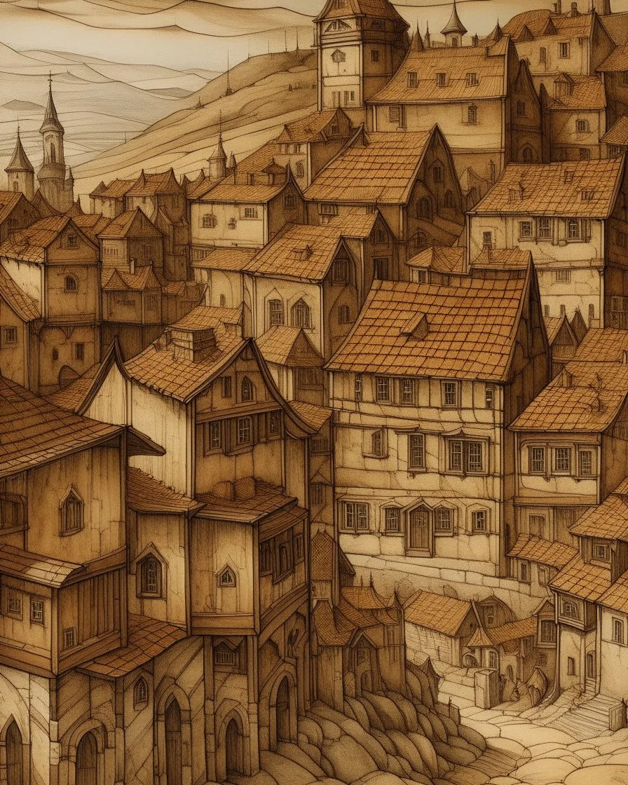 A brown town made out of stones painted by Albrecht Durer