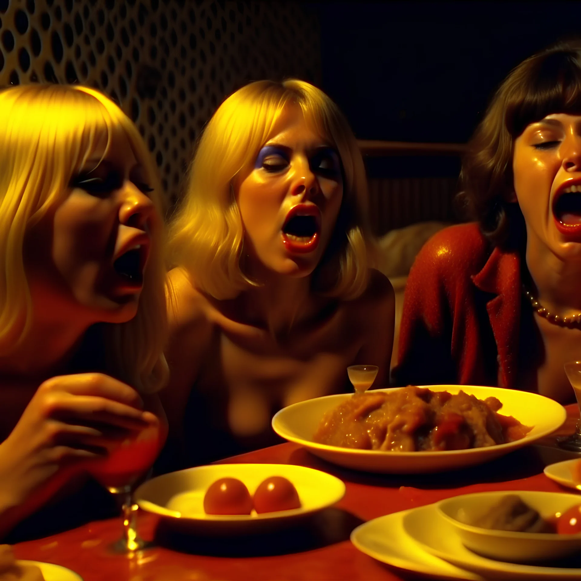 Horror movie shot, hot, ultra realistic, dine, tongues, ultra chaos, realistic hot blonde women, party, pieces of meat, tongue, organs, hot dynamic, very excited people, hypermaximalist figures, light, 1970's Italian horror movie, sinister,, Dario Argento, Stanley Kubrik, ornate, 4k, photorealism